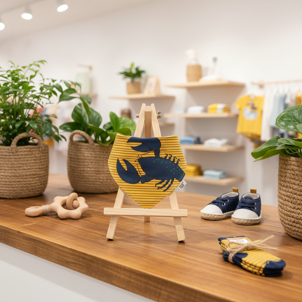 A yellow and navy blue lobster-themed baby bib displayed on a wooden stand on a baby shower table, with nursery decor, plants, and baby shoes in the background.