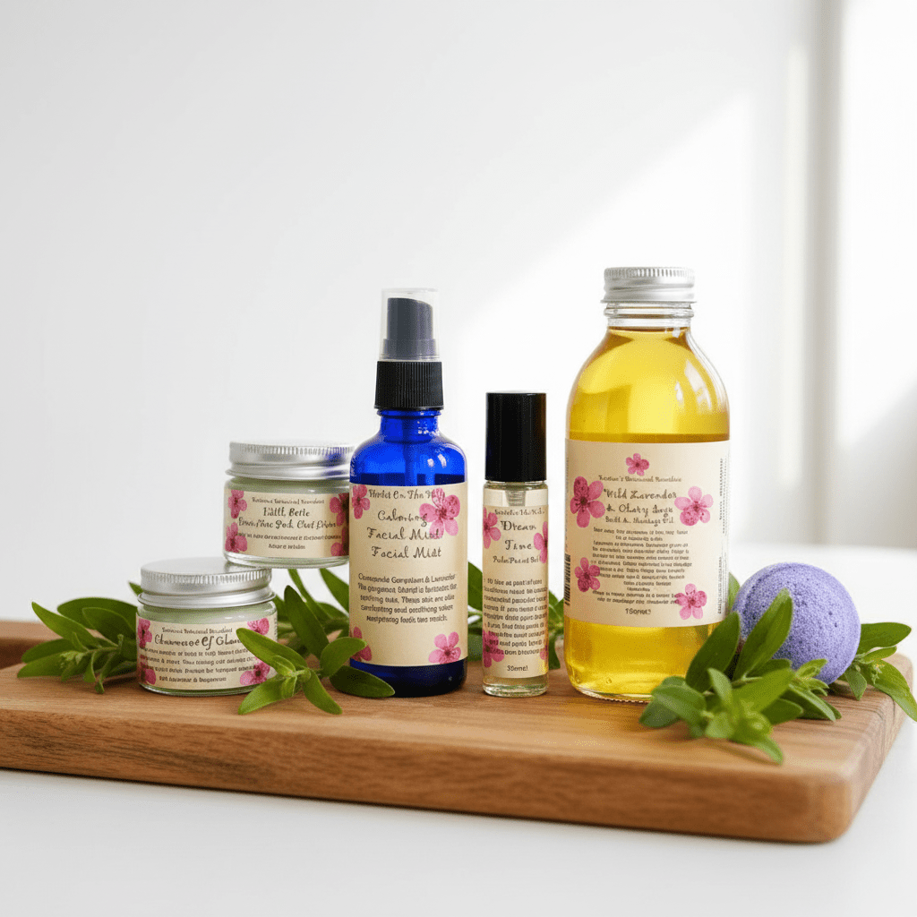 Collection of natural skincare products on a wooden board with a white background