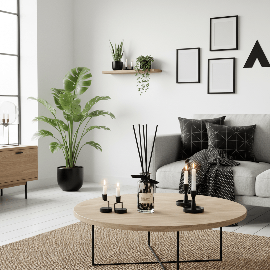 Modern living room with a round wooden coffee table, candles, and decorative plants.