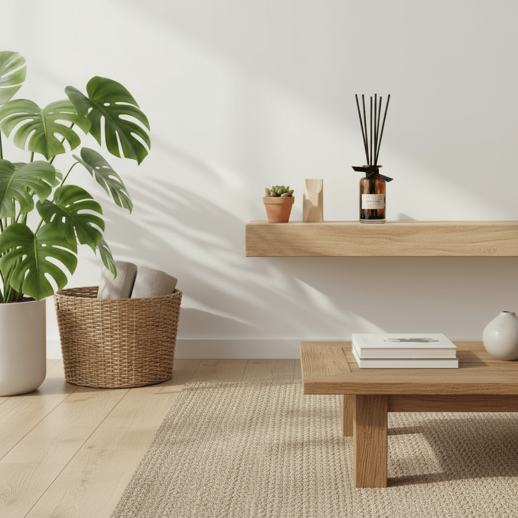 Modern living room with wooden coffee table, wicker basket, and plants.