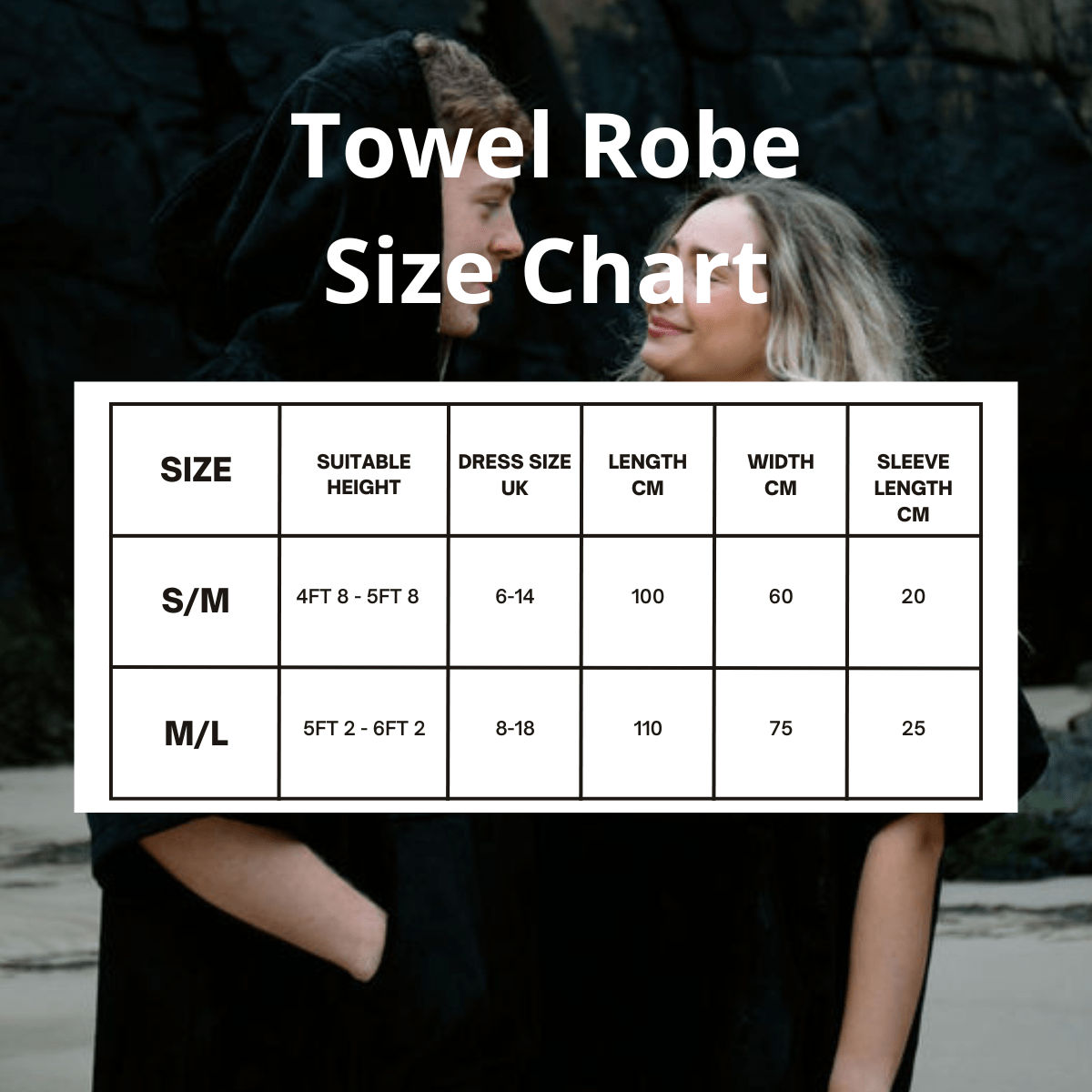 Towel robe size chart overlayed on a blurred background of two people wearing black robes.