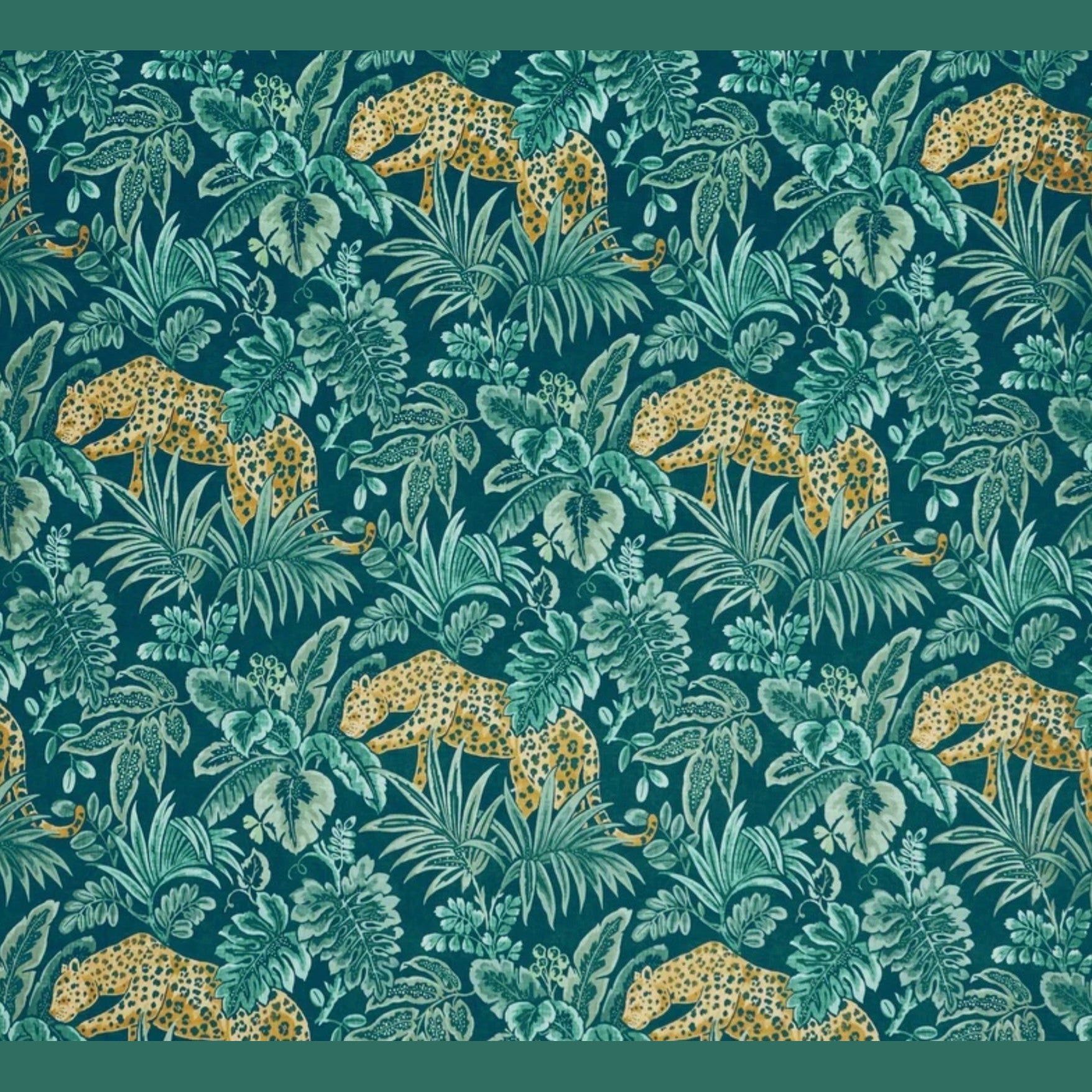 Jungle-themed pattern with leopards and foliage on a teal background