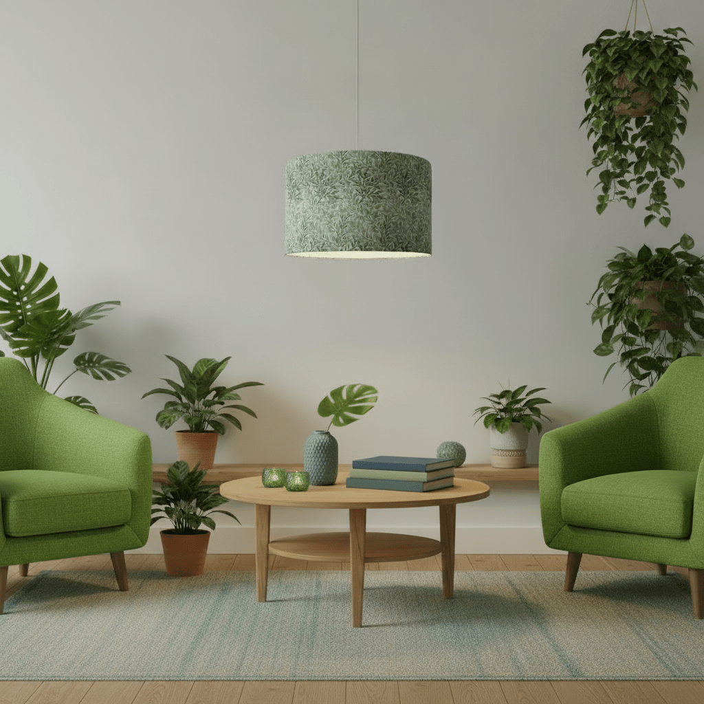Modern living room with green chairs, a wooden coffee table, and potted plants.