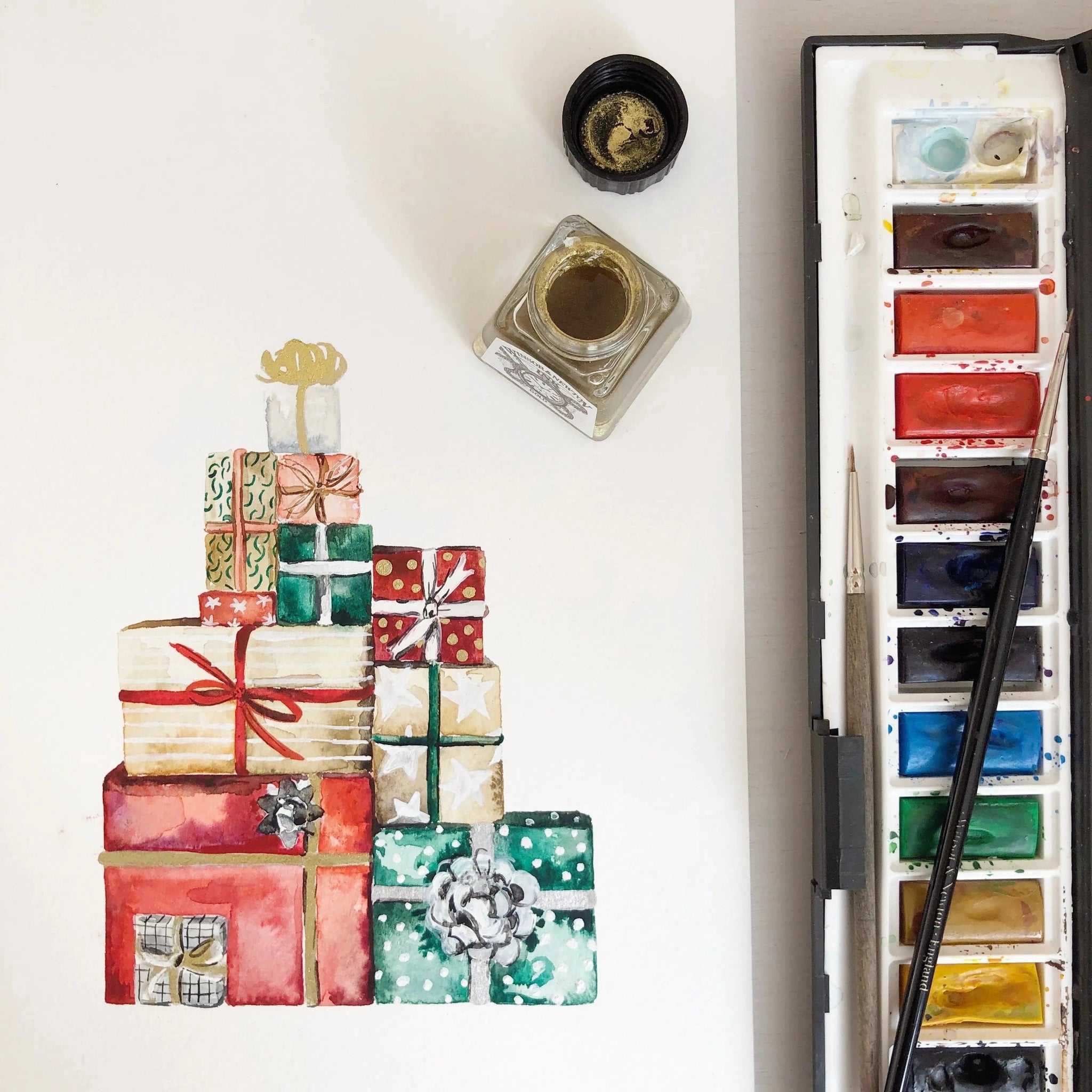 Katie Hipwell Design Handpainted Christmas Card Wrapped Presents Greeting Card Pack Arts & Entertainment > Party & Celebration > Gift Giving > Greeting & Note Cards >Christmas Cards > Blank Christmas cards > Handpainted Christmas Cards emmy-jane-boutique.myshopify.com