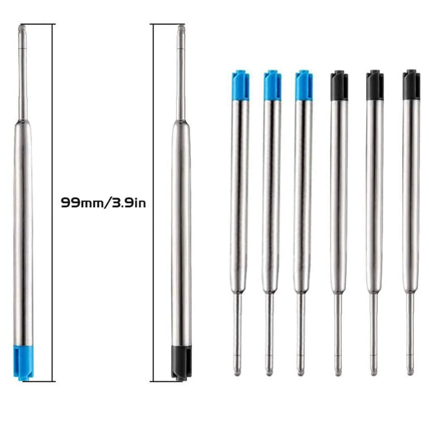 Set of metalpen refills with blue and black ends, shown with measurements on a white background.