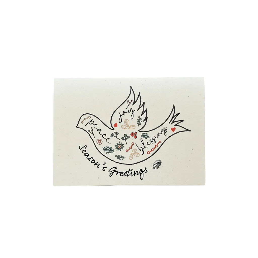 A square cream-colored greeting card with a hand-drawn black bird motif filled with seasonal words and small botanical illustrations, photographed on a light gray background.