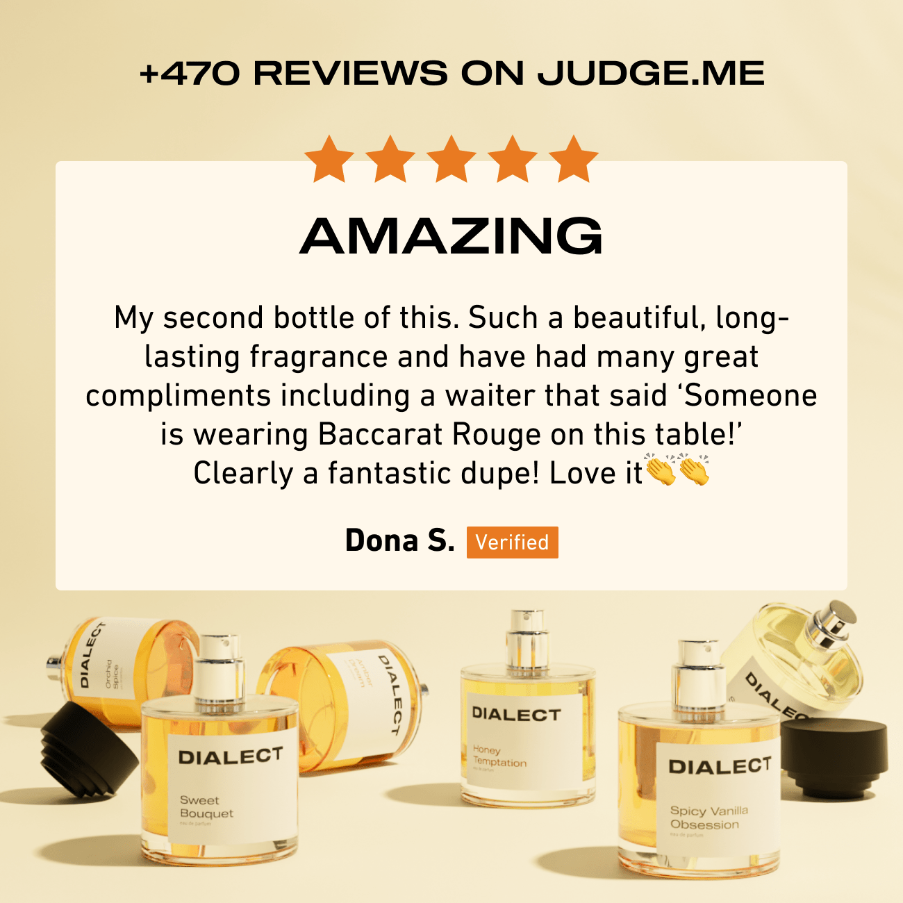 Perfume bottles with positive review text on a beige background