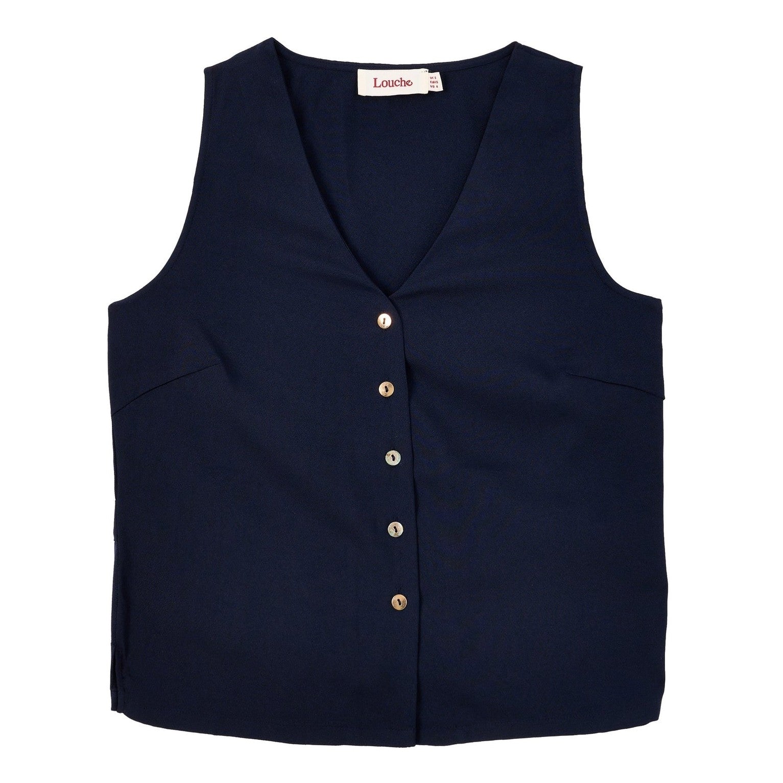Navy blue vest with button details on a white background