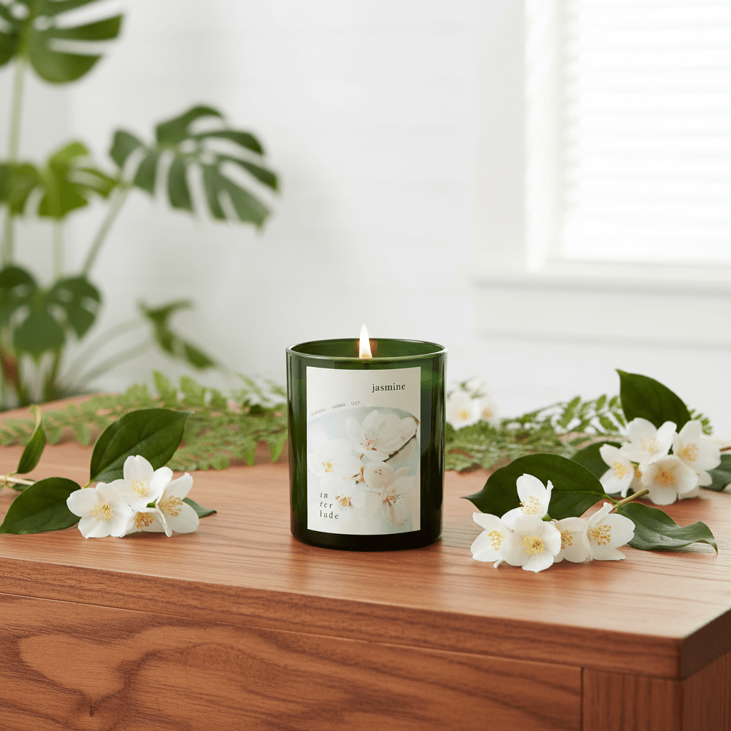 Green candle with floral design on a wooden surface with white flowers and green leaves.