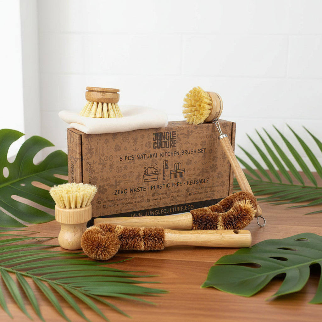 Jungle Culture 6-piece natural kitchen brush set arranged around a brown cardboard box on a wooden surface with green palm leaves. The set includes wooden-handled natural bristle brushes and a white dishcloth.