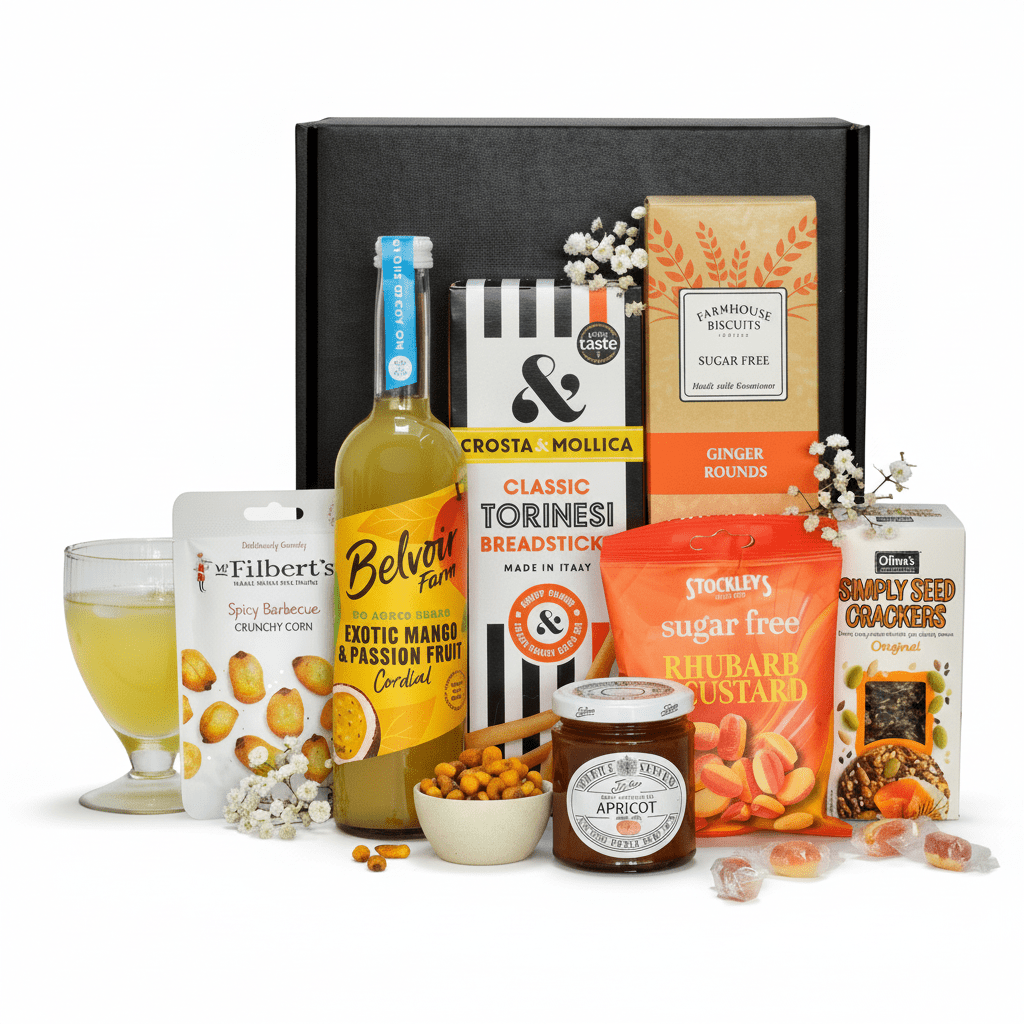 Assorted food products including a bottle, bread, and snacks on a white background