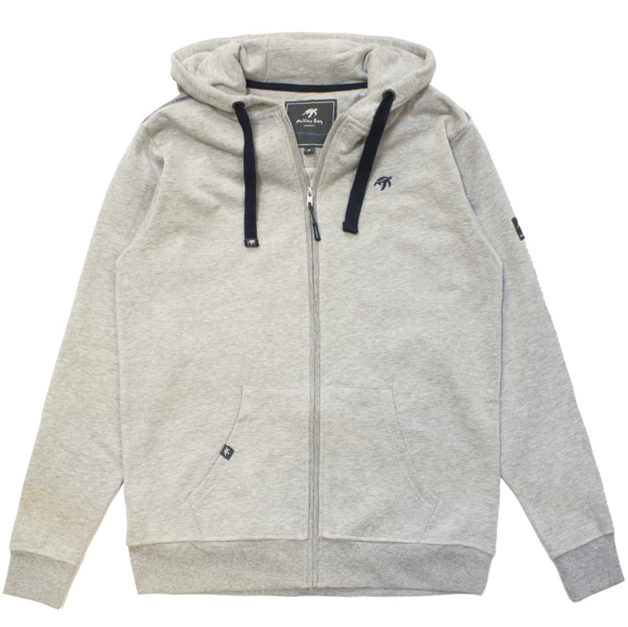 Grey hoodie with black drawstrings on a white background