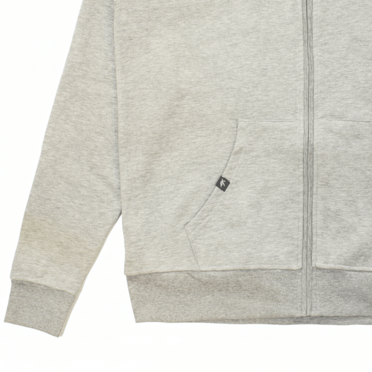 Grey hoodie with a small logo on the chest pocket against a white background