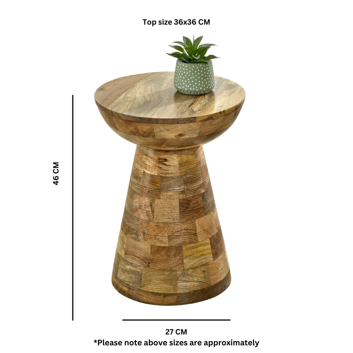 Wooden side table with dimensions and a plant on top