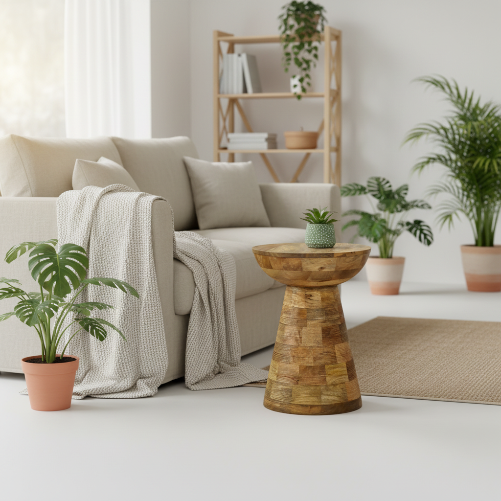 A styled living room scene featuring a light beige sofa with a textured cream throw blanket, a round wooden side table in the foreground, and several potted green plants throughout the room.
