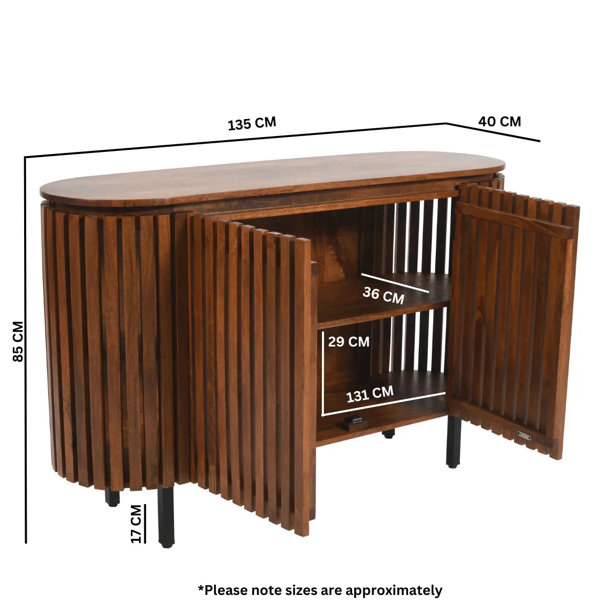 Recycled Mango Wood sideboard with dimensions marked on a white background
