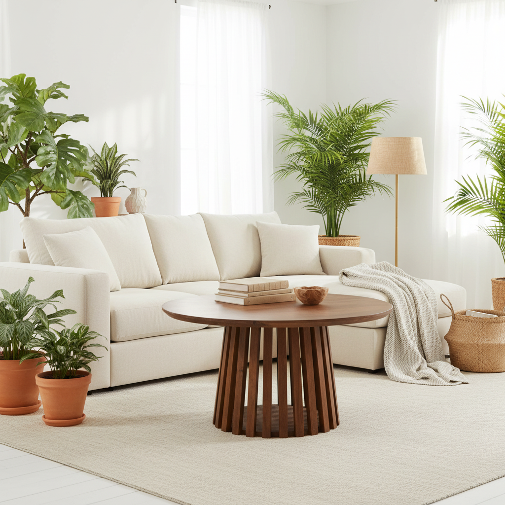 A modern living room scene featuring a cream-colored sectional sofa, a round wooden coffee table with a slatted base, a beige area rug, and multiple potted green plants.