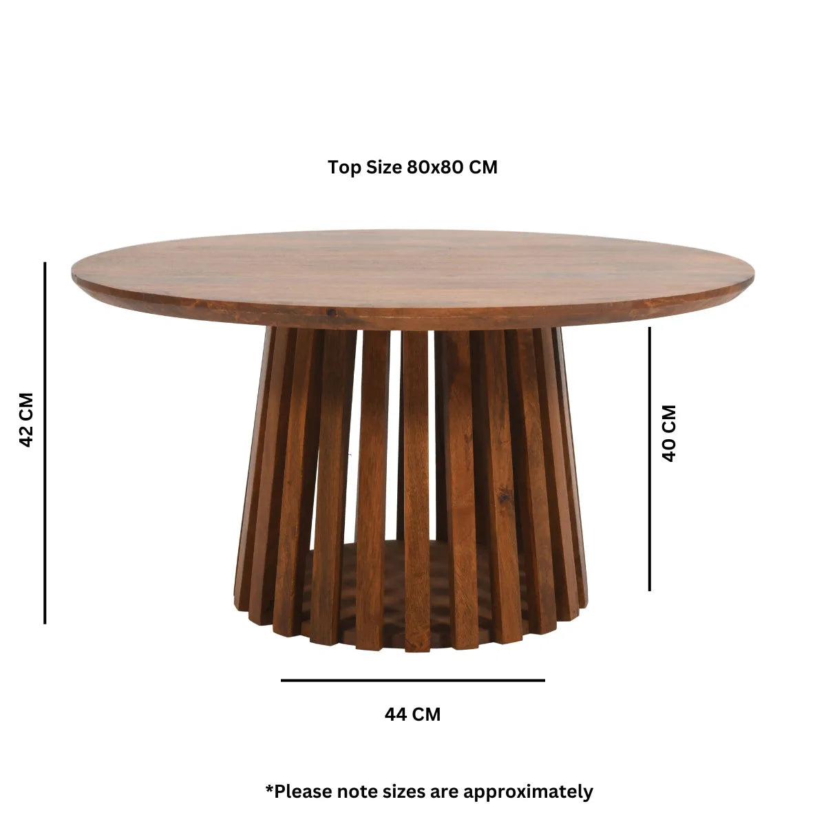 Wooden round table with dimensions on a white background
