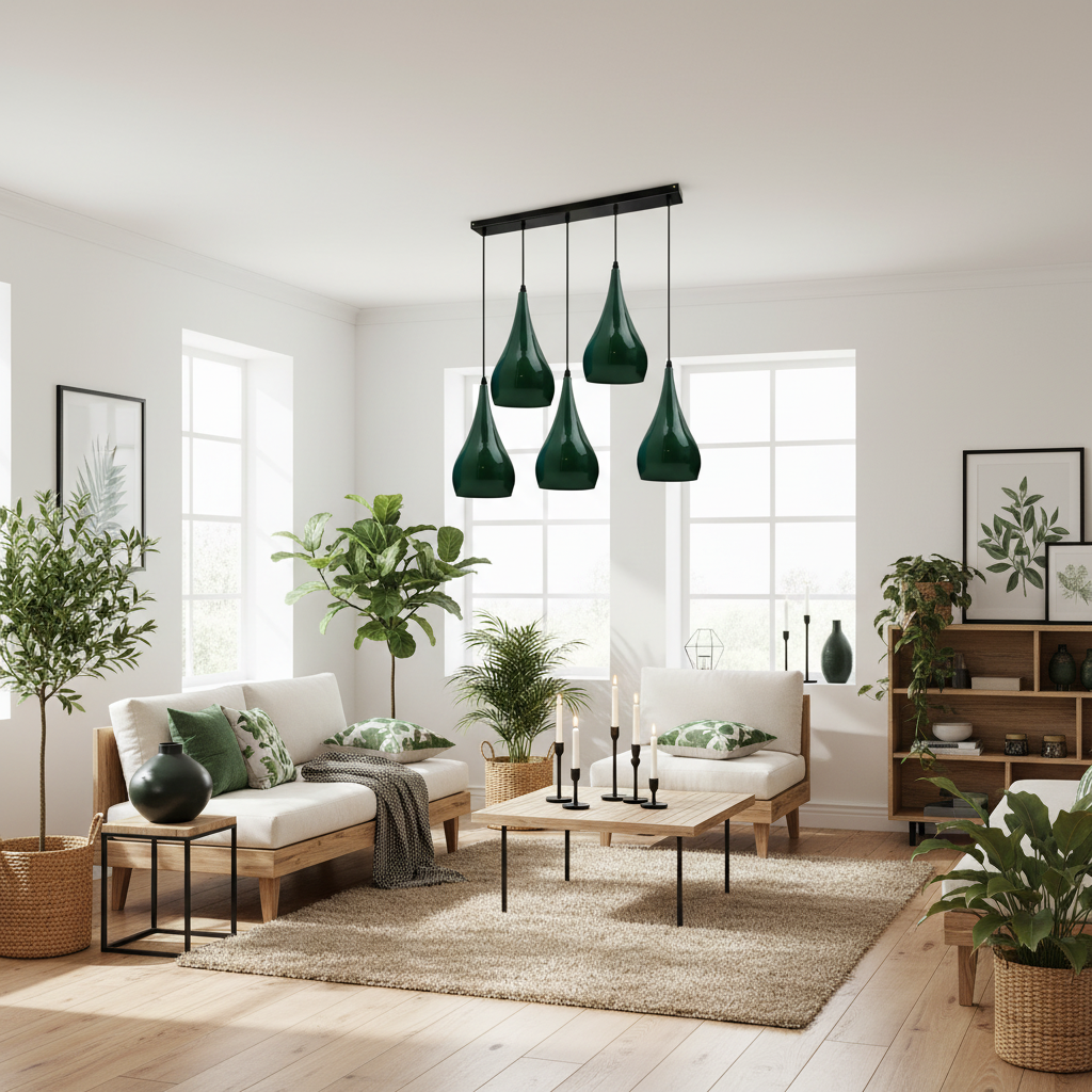 A modern living room with a black multi-light pendant chandelier featuring five dark green teardrop-shaped glass shades, hanging over a light wood coffee table and white sofas.