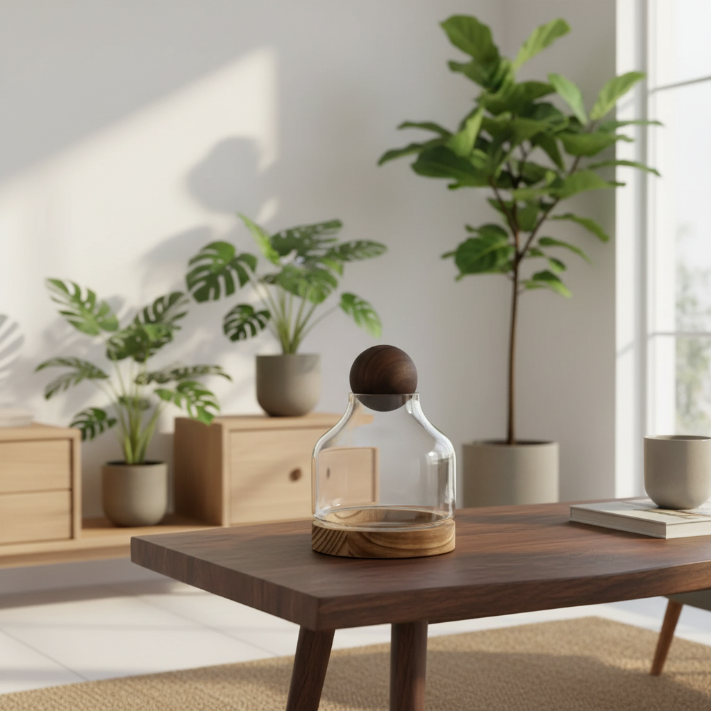 Glass terrarium with wooden stopper on a wooden table in a modern living room with plants.