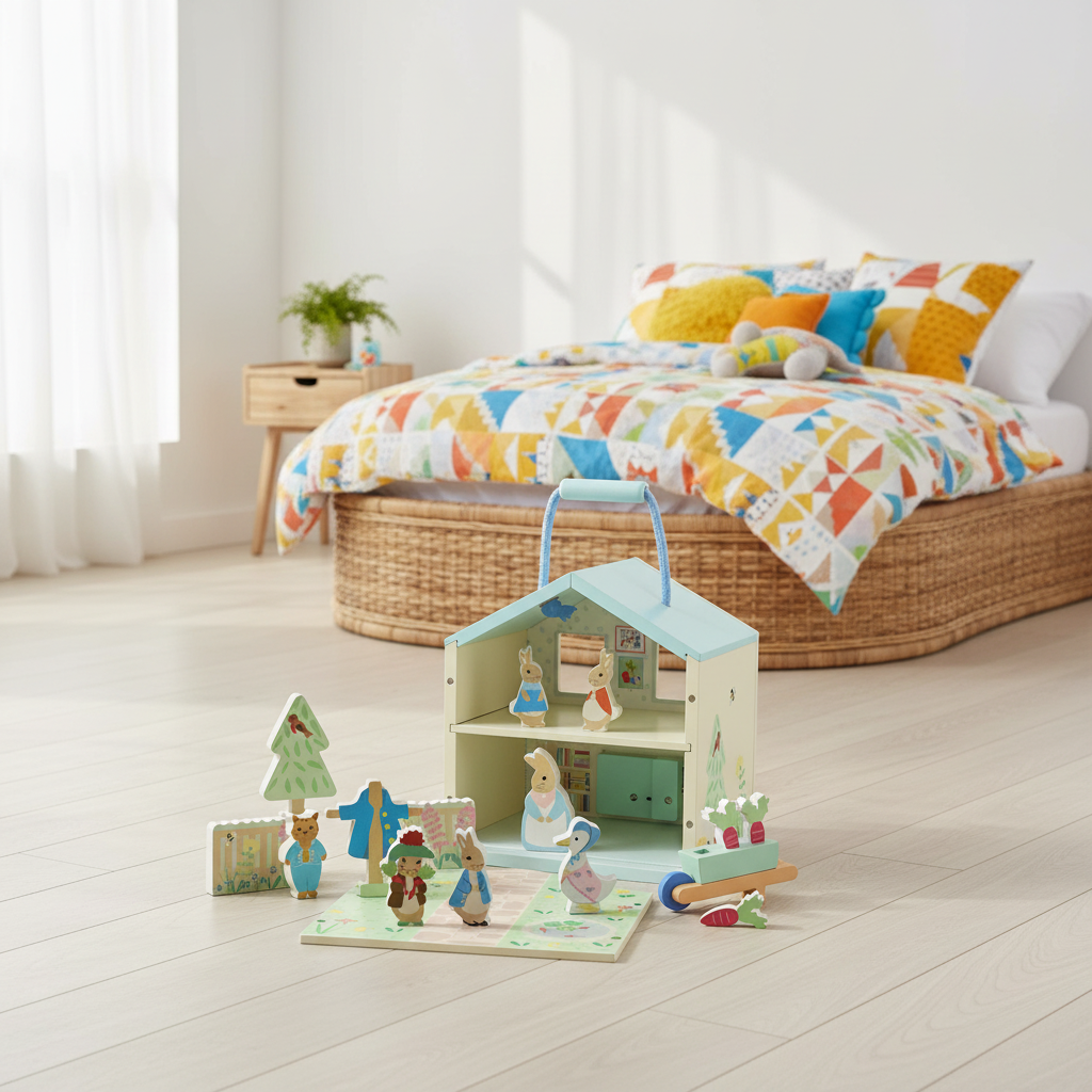 Wooden toy house with characters and accessories, on a wooden floor in a child's bedroom.