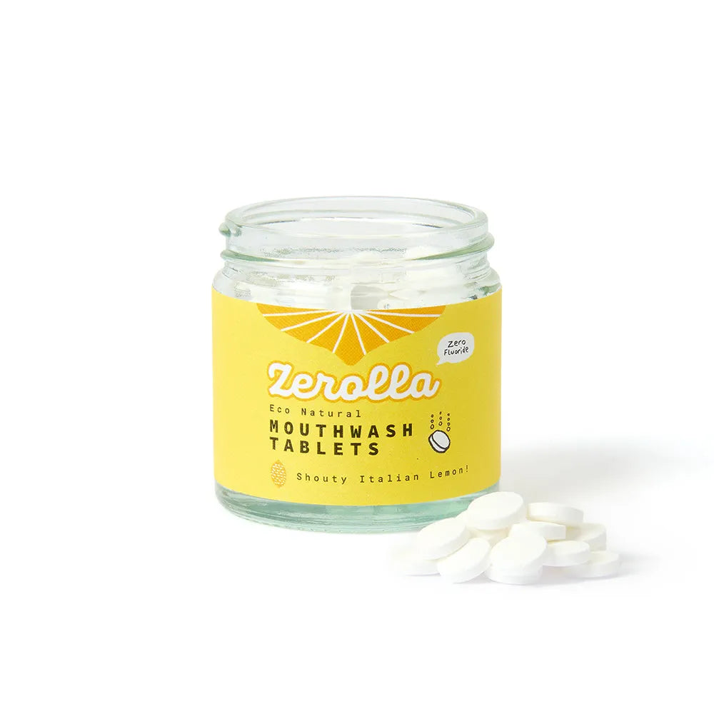 Jar of Zerolla mouthwash tablets with a yellow label on a white background