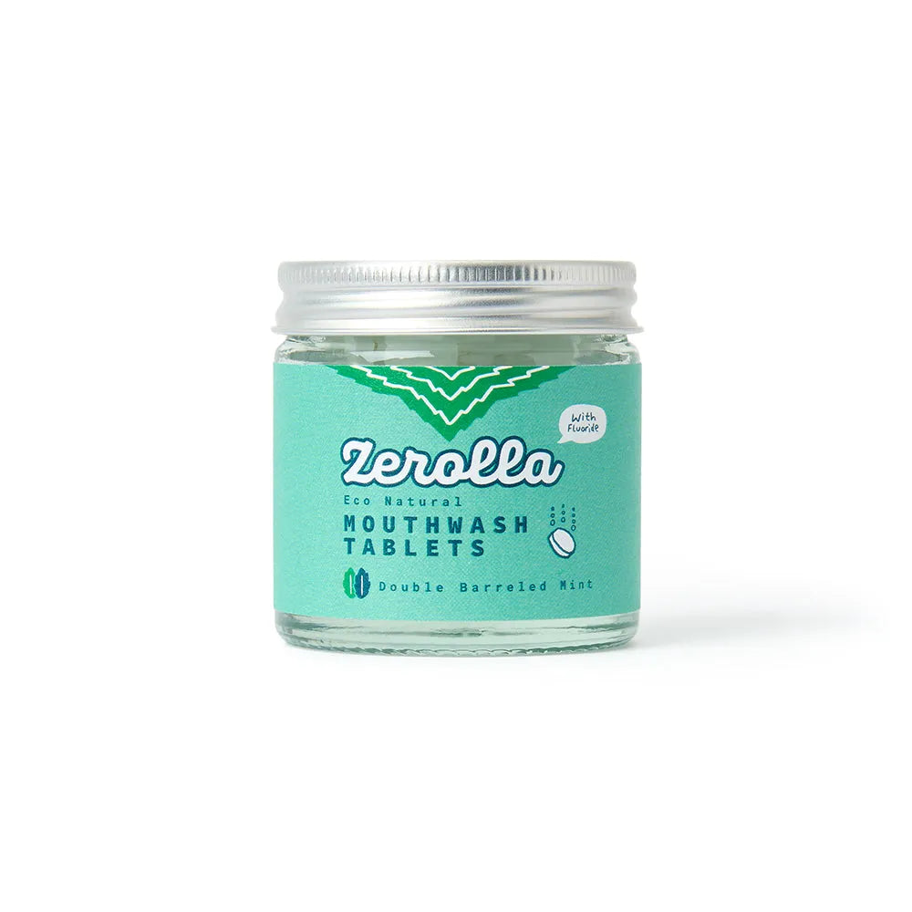 Jar of Zerolla mouthwash tablets on a white background