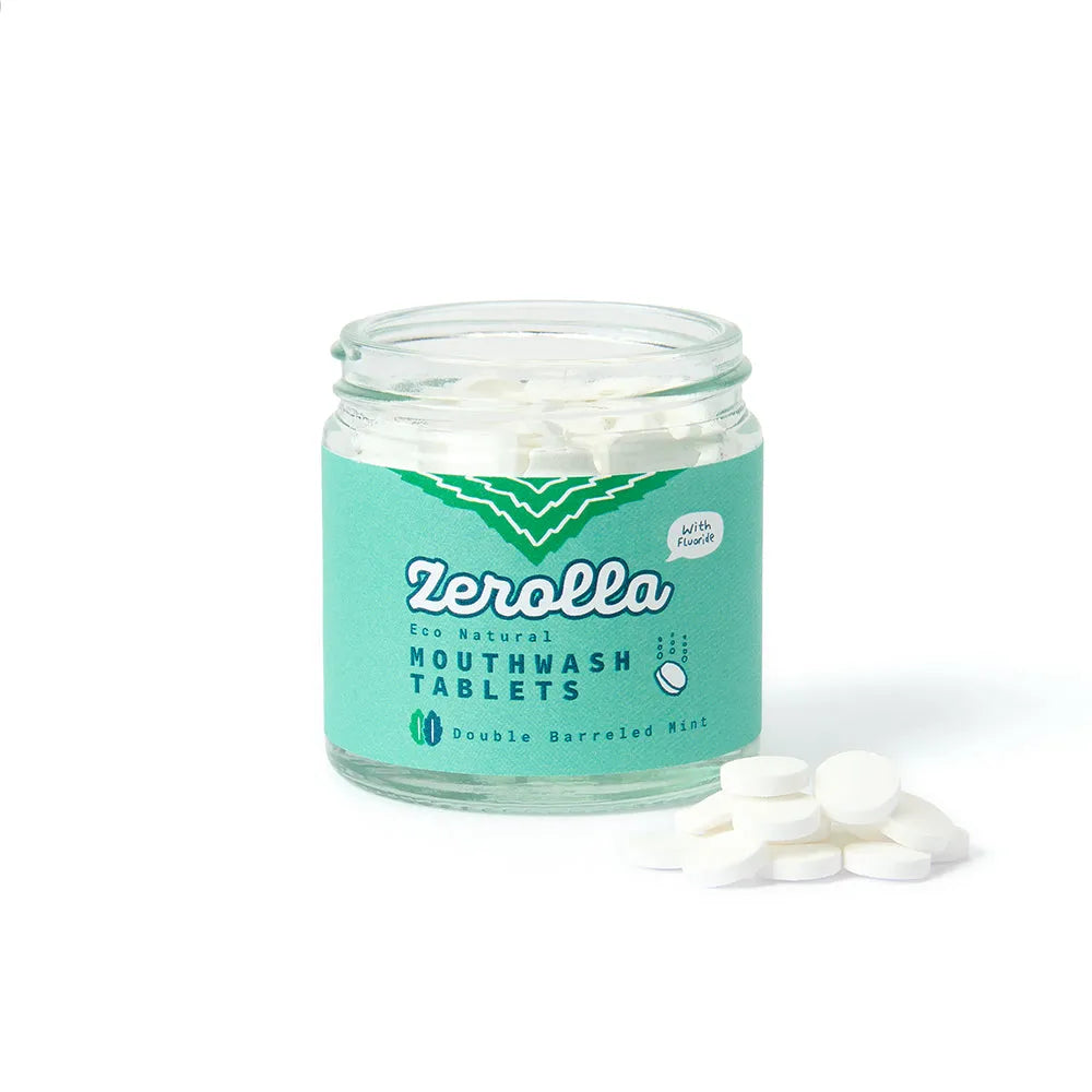 Jar of Zerolla mouthwash tablets with a white background