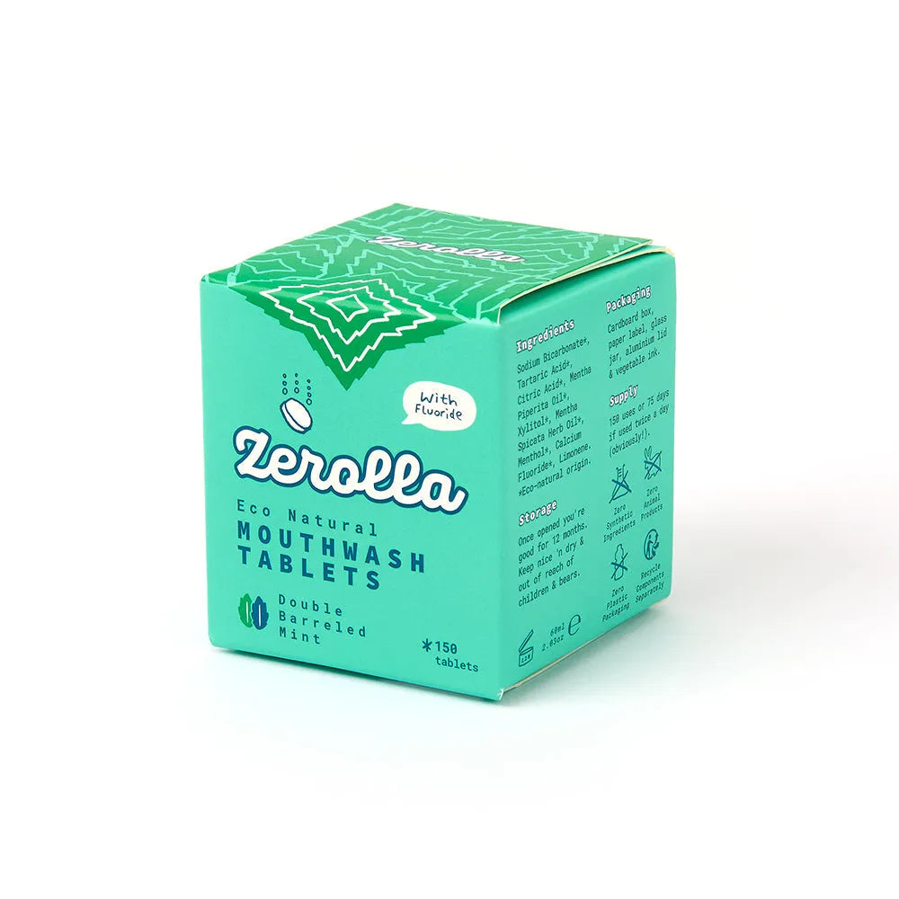 Zerolla eco natural mouthwash tablets packaging on a white background