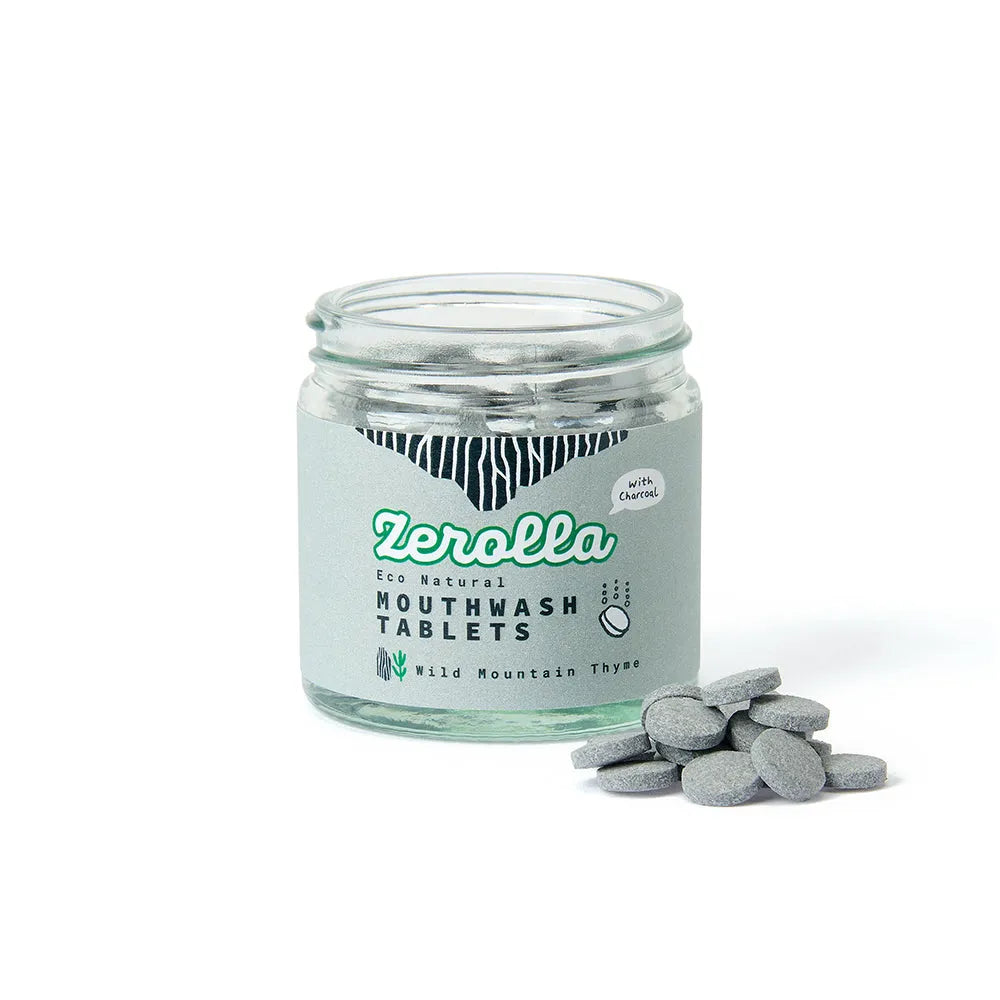 Jar of Zerolla mouthwash tablets on a white background