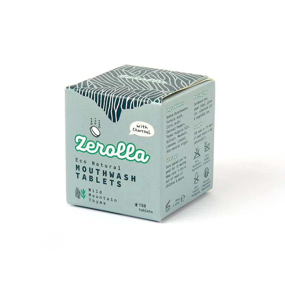 Box of Zerolla eco natural mouthwash tablets on a white background