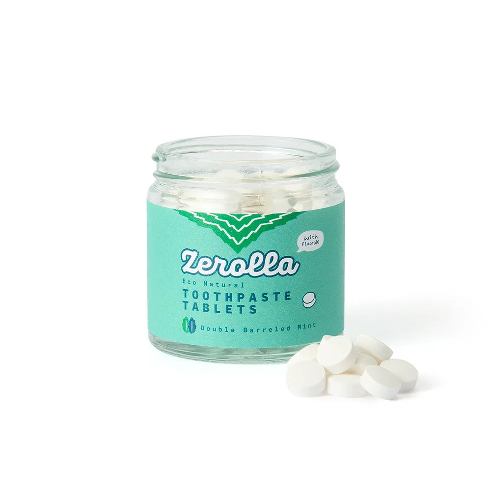 Jar of Zerolla toothpaste tablets with a white background