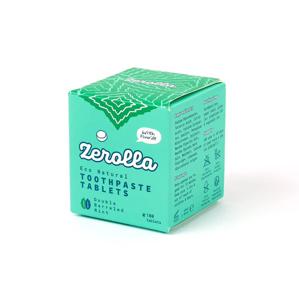 Box of Zerolla eco natural toothpaste tablets on a white background
