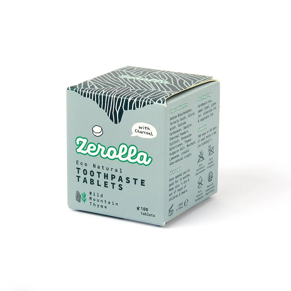 Box of Zerolla eco natural toothpaste tablets on a white background