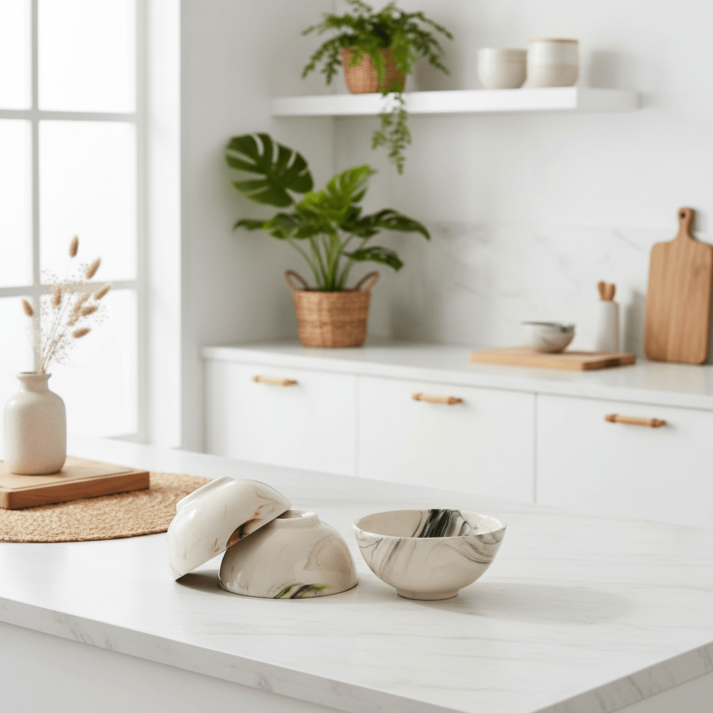 Modern kitchen with marble countertops, ceramic bowls, and plants.