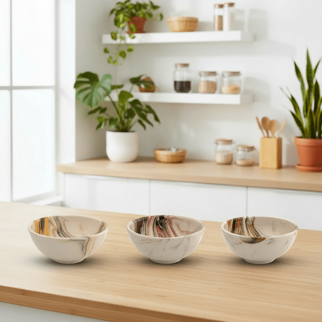 Three marbled ceramic bowls on a wooden surface with a kitchen background.