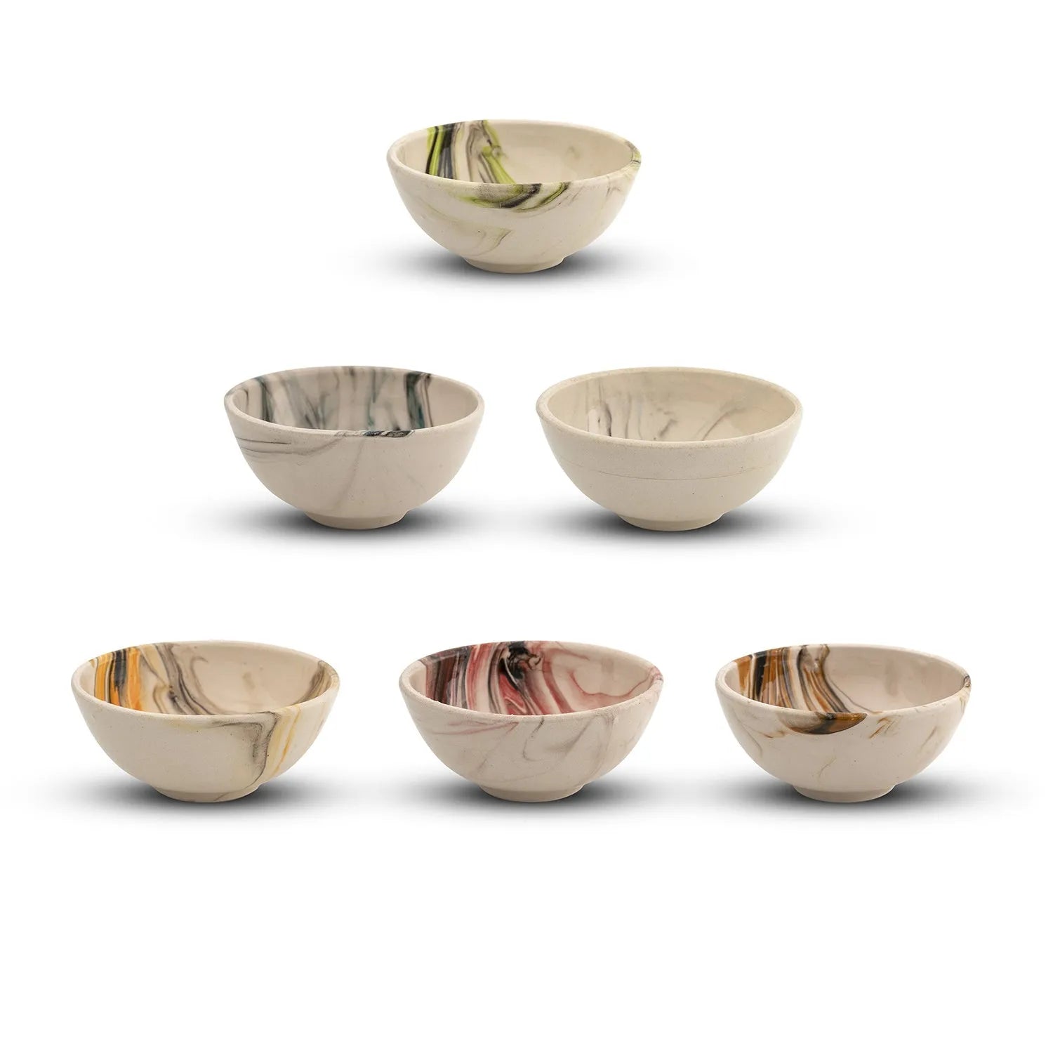 Marbled ceramic dip bowls set from Bascuda, featuring unique swirling patterns in each bowl.