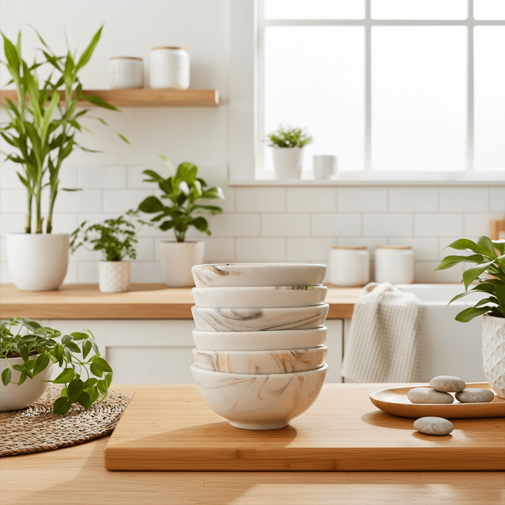 Stack of white marble-patterned bowls on a wooden surface with a kitchen background
