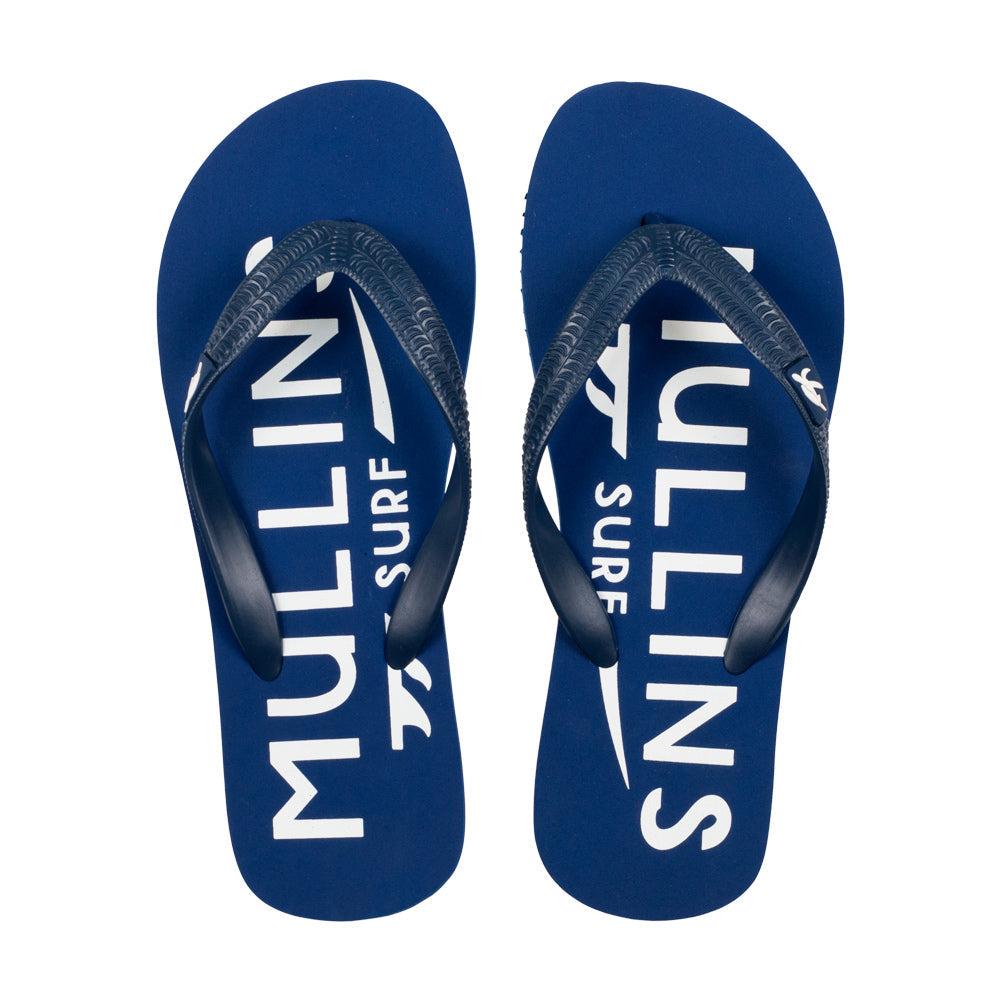 Pair of blue flip-flops with 'Mullins Surf' branding on a white background