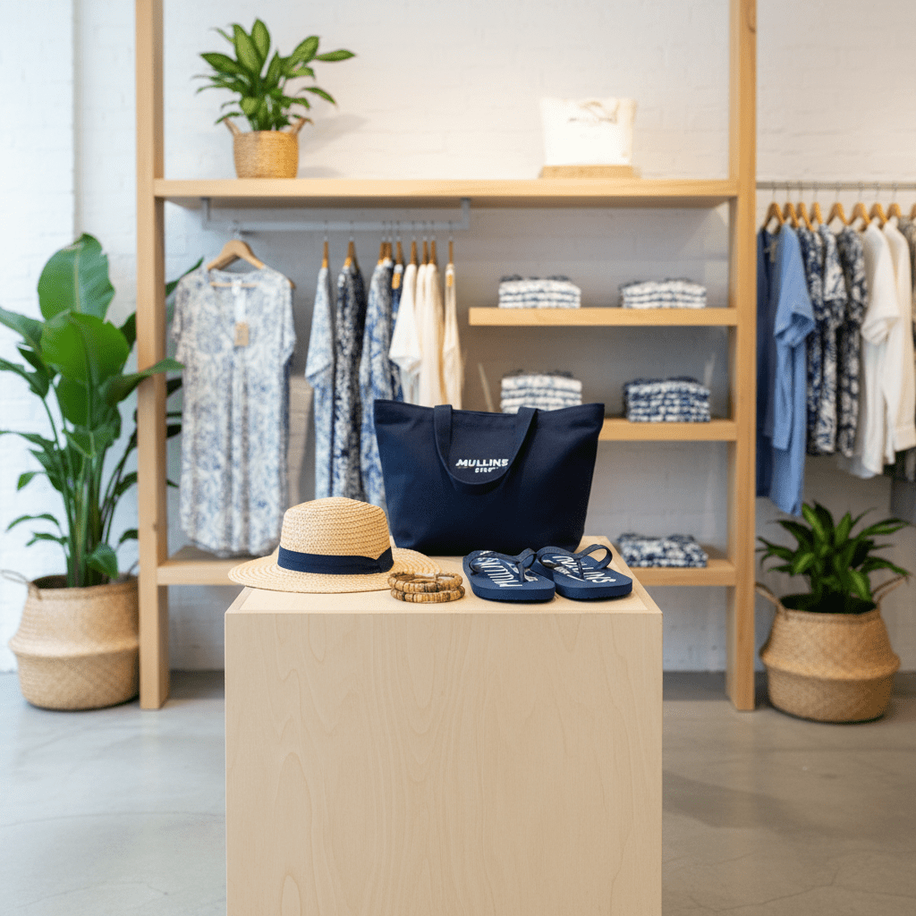 Clothing store interior with a table displaying a hat, bag, and sandals, surrounded by shelves and plants.