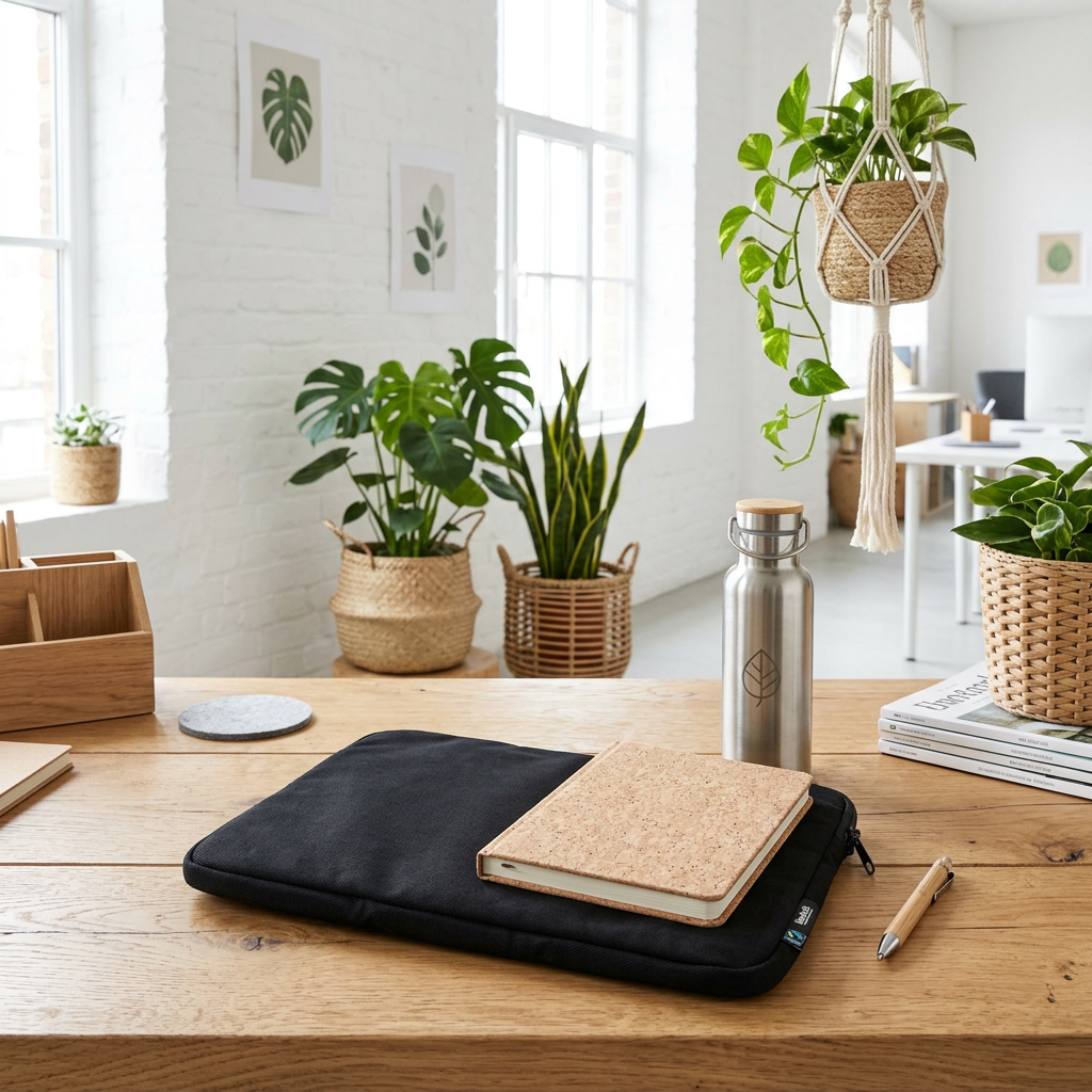 Black Neutral laptop sleeve on a wooden desk with a notebook resting on top