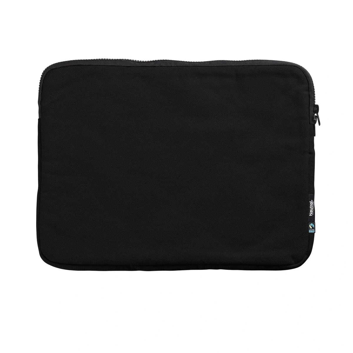 Black laptop sleeve with a brand logo on a white background
