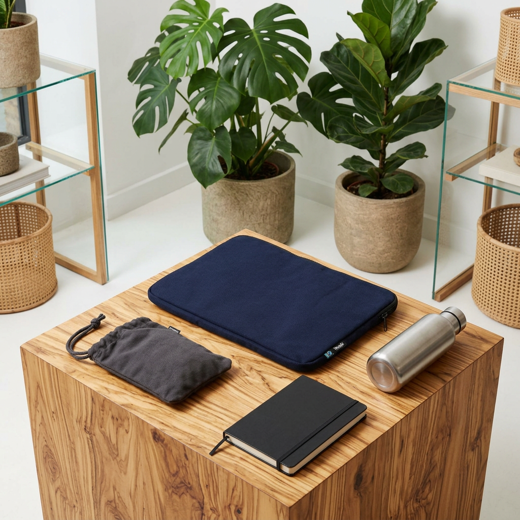 Navy Neutral laptop sleeve on a wooden table beside a notebook, drawstring pouch and metal bottl
