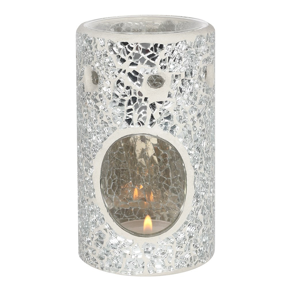 Decorative candle holder with mosaic pattern on a white background