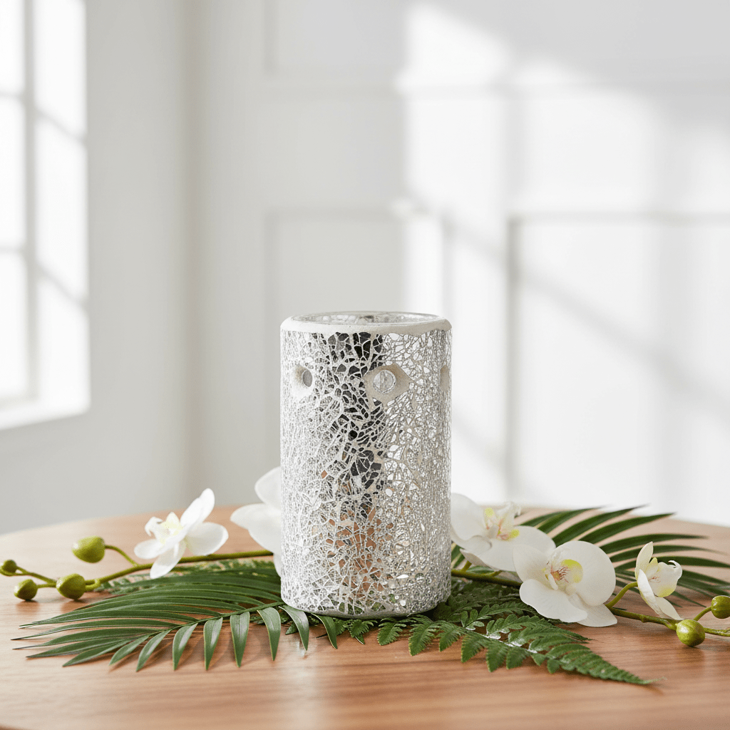 Silver textured candle holder on a wooden surface with green leaves and white flowers.