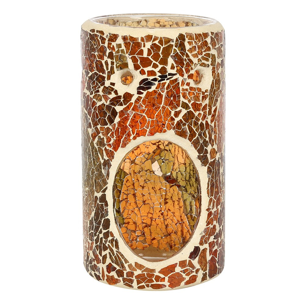 Mosaic-patterned candle holder with a circular design on a white background