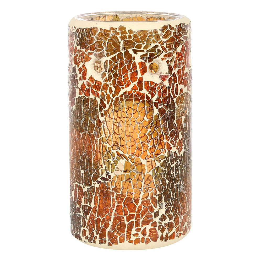 Mosaic-patterned candle holder with a white base on a white background