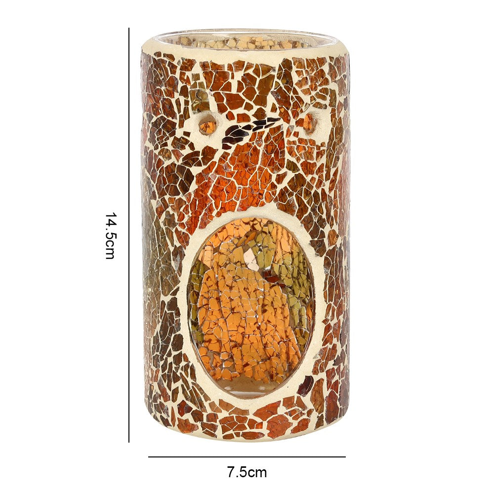 Mosaic-patterned candle holder with measurements on a white background