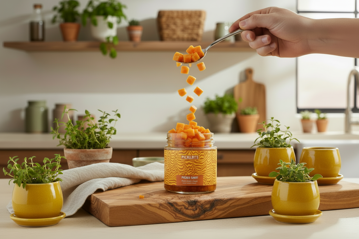 Person pouring chopped pickles from a jar with a spoon in a kitchen setting