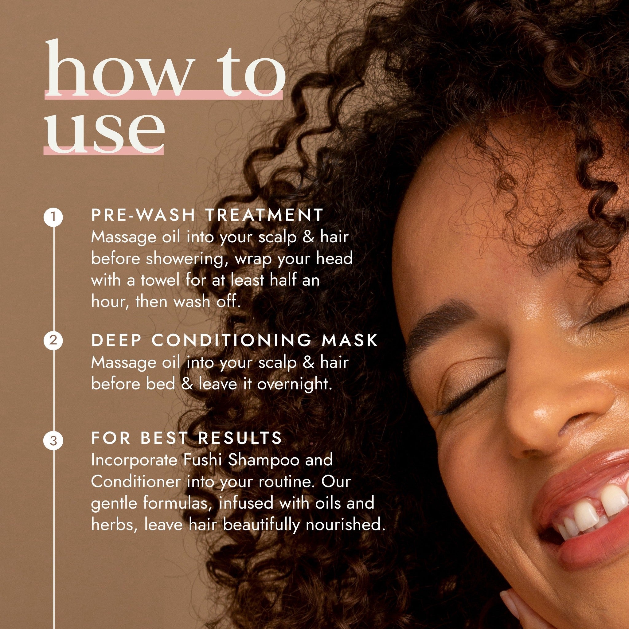 Instructions on how to use a hair care product with a smiling woman and text overlay.